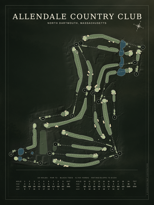 Allendale Country Club course map poster, Architectural style, 12×16 / 18×24