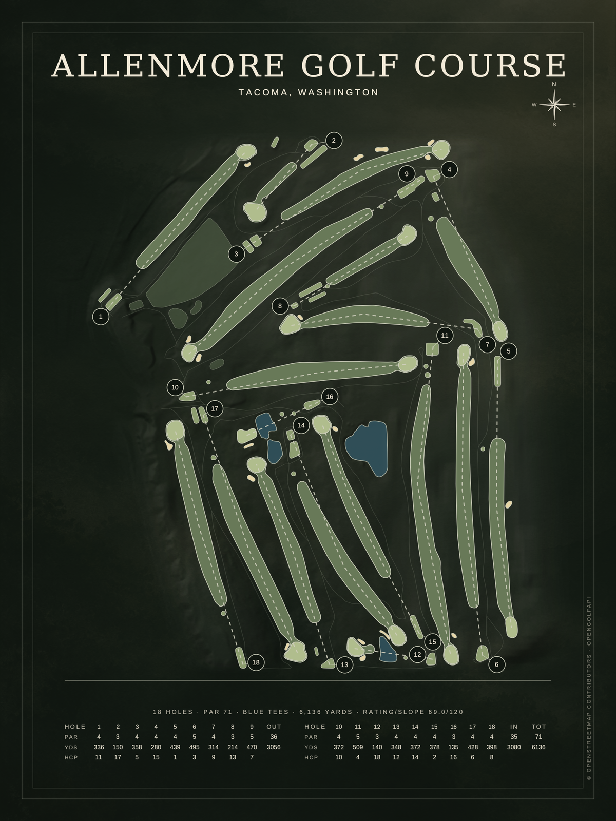Allenmore Golf Course map poster, Architectural style, 12×16 / 18×24
