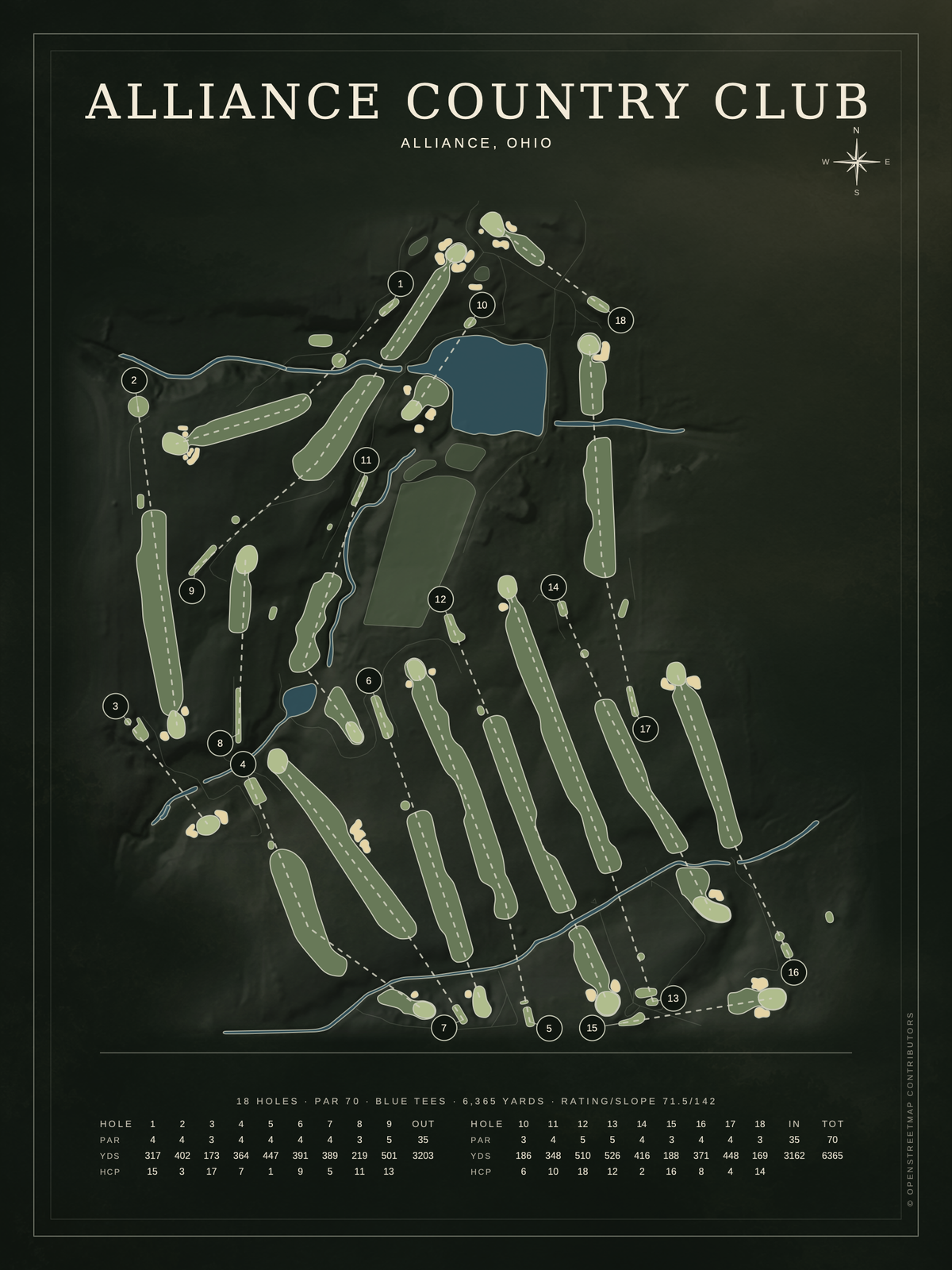 Alliance Country Club course map poster, Architectural style, 12×16 / 18×24