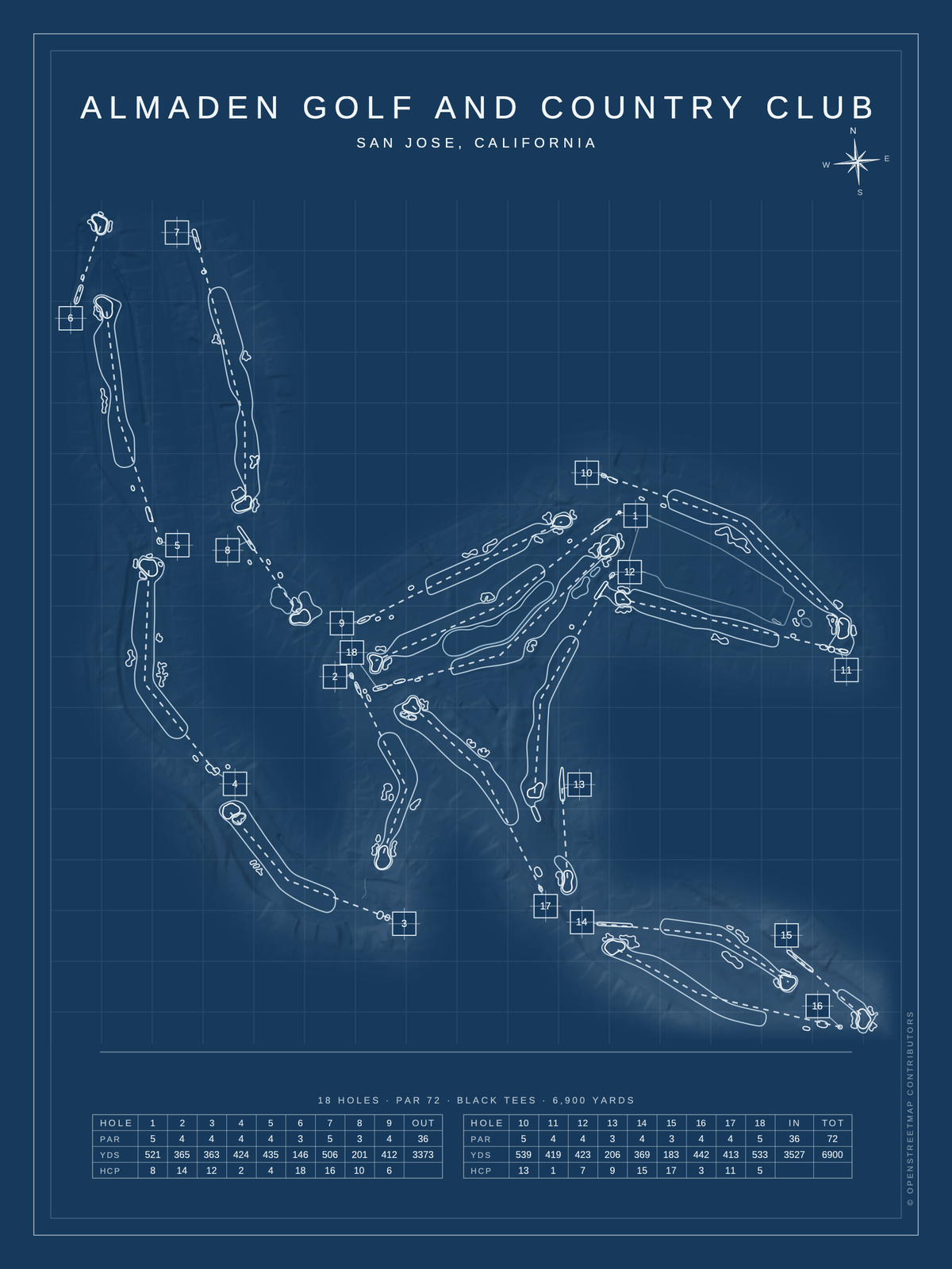 Almaden Golf and Country Club course map poster, Blueprint style, 12×16 / 18×24
