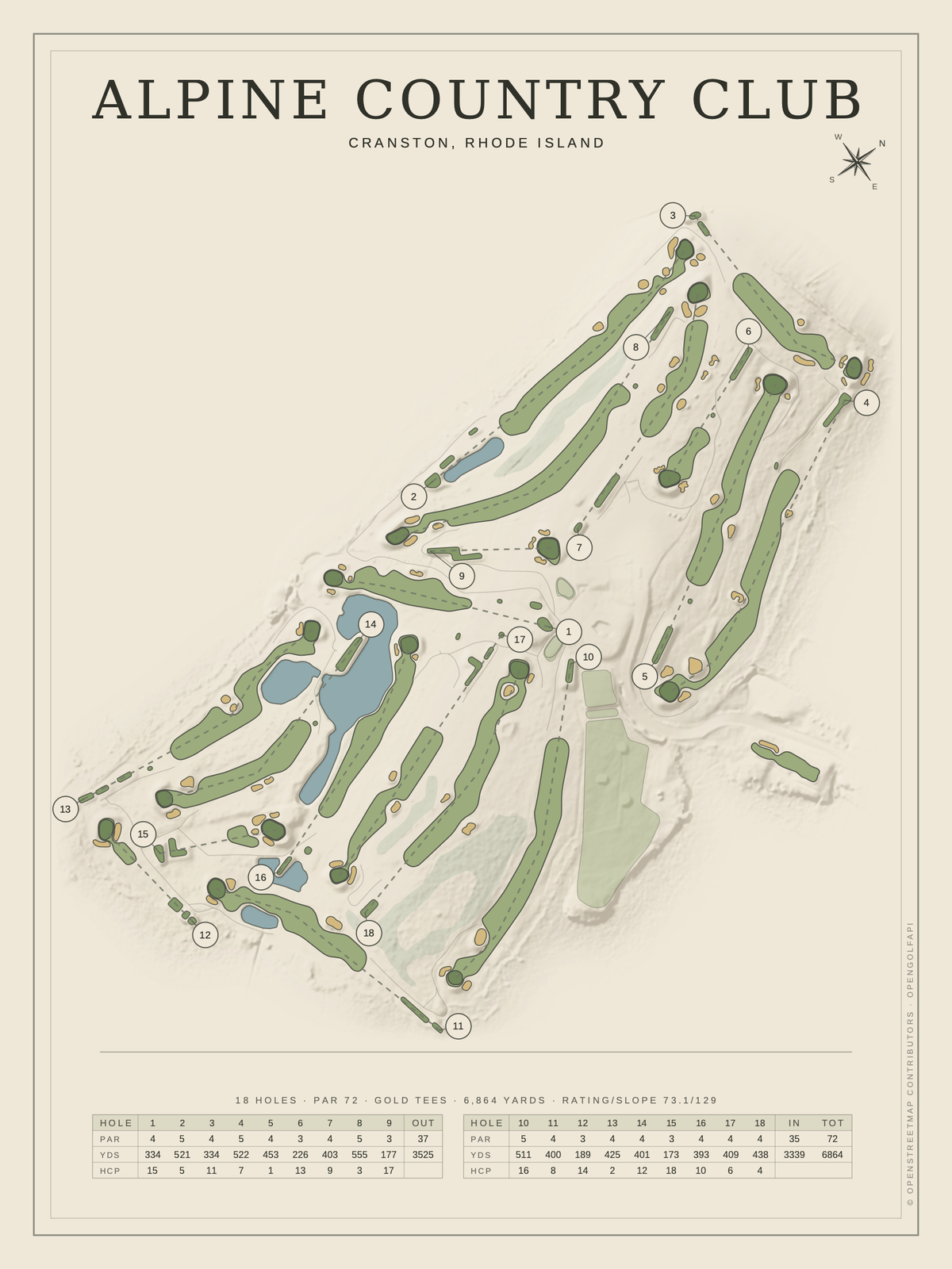 Alpine Country Club course map poster, Classic style, 12×16 / 18×24