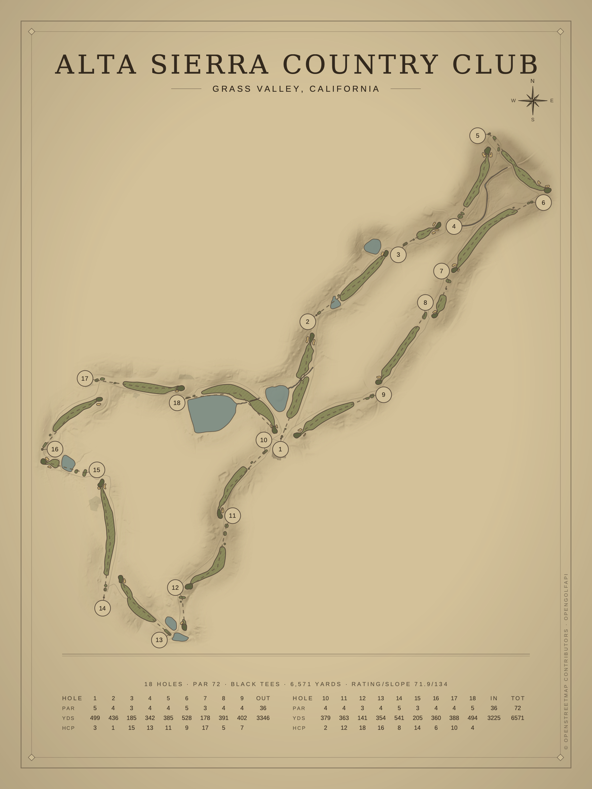 Alta Sierra Country Club course map poster, Vintage style, 12×16 / 18×24