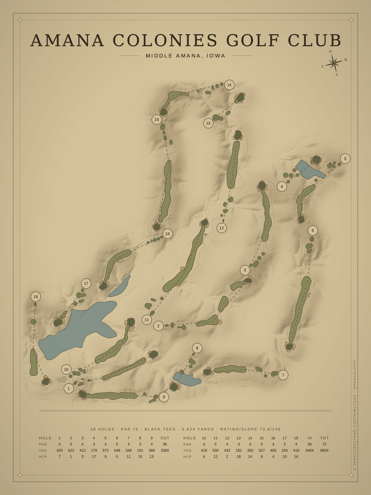 Amana Colonies Golf Club course map poster, Vintage style, 12×16 / 18×24