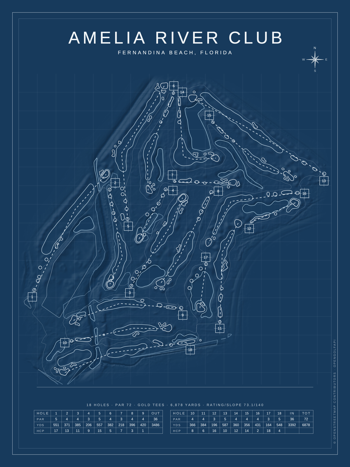 Amelia River Club course map poster, Blueprint style, 12×16 / 18×24