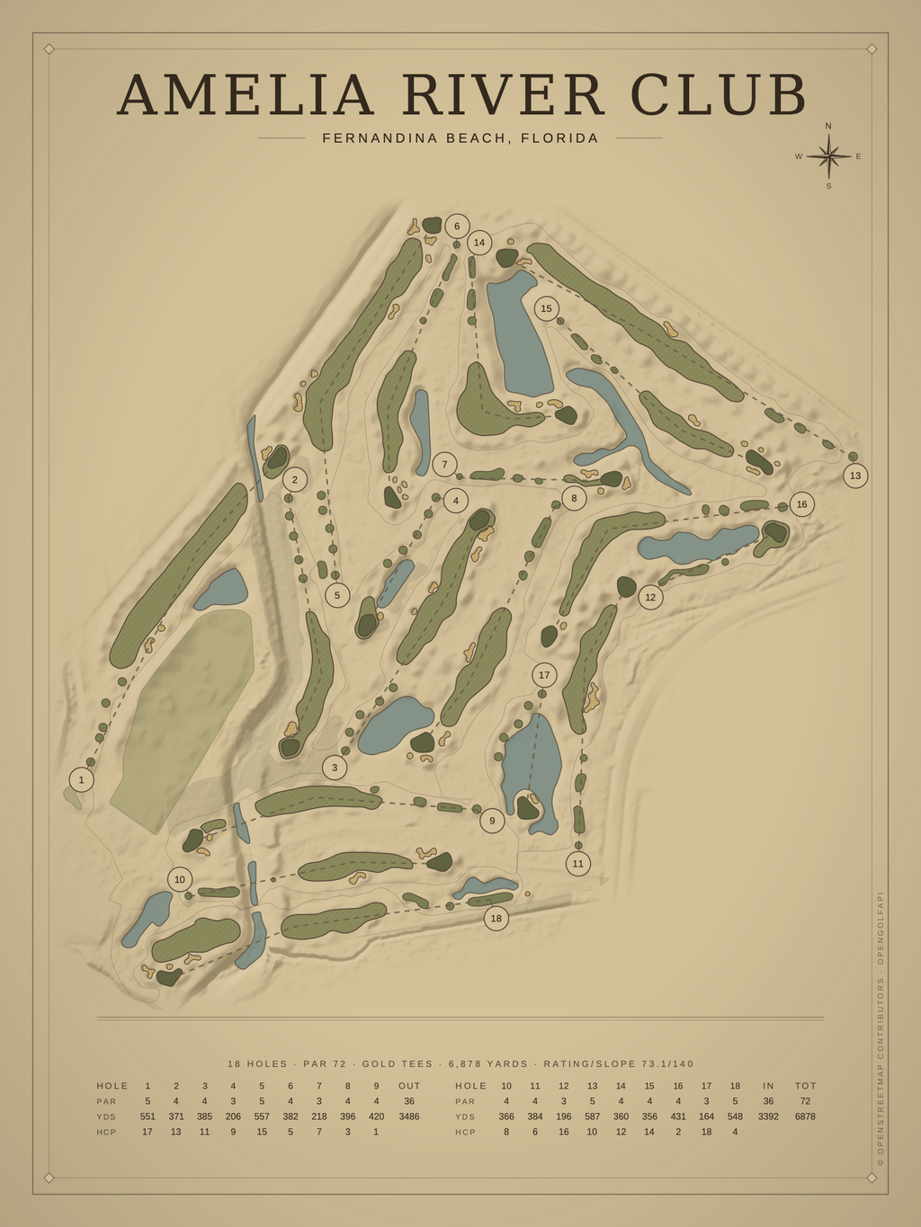 Amelia River Club course map poster, Vintage style, 12×16 / 18×24