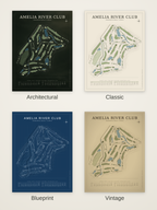 Amelia River Club course map poster in four styles: Architectural, Classic, Blueprint and Vintage