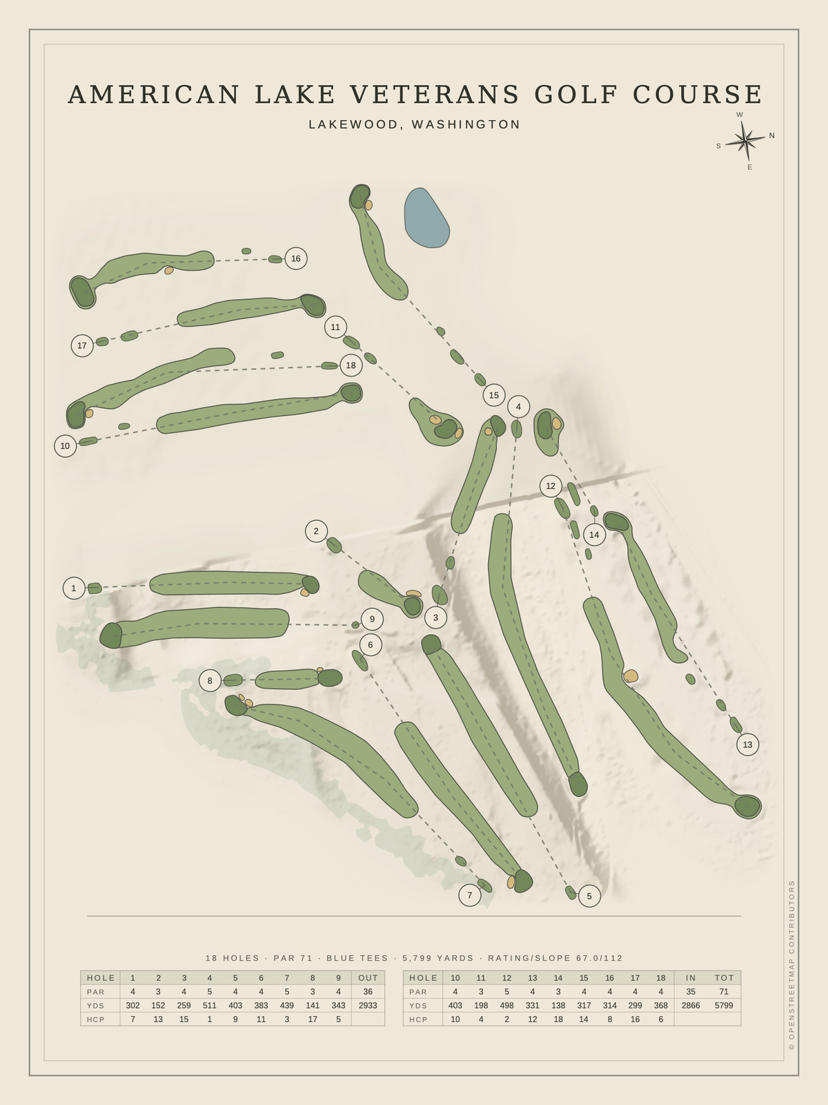 American Lake Veterans Golf Course map poster, Classic style, 12×16 / 18×24