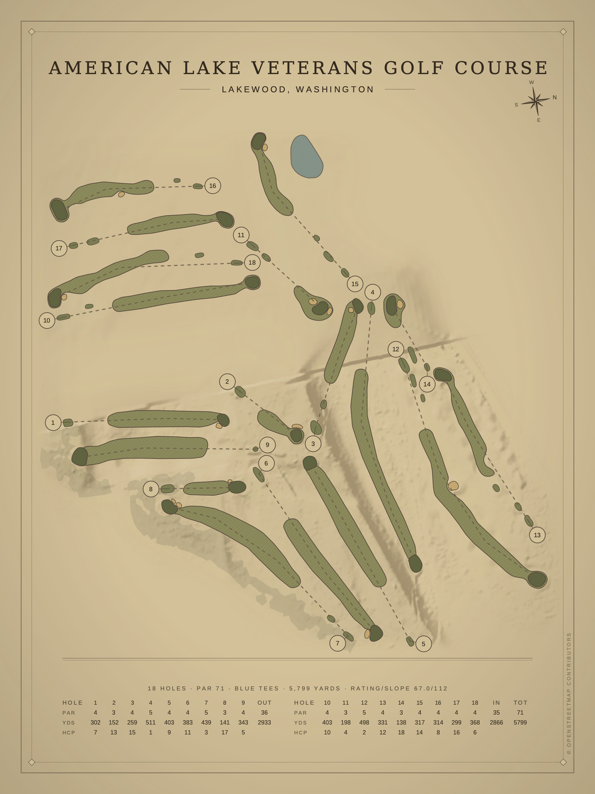American Lake Veterans Golf Course map poster, Vintage style, 12×16 / 18×24