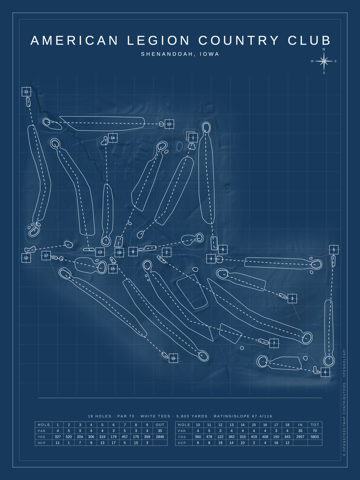 American Legion Country Club course map poster, Blueprint style, 12×16 / 18×24