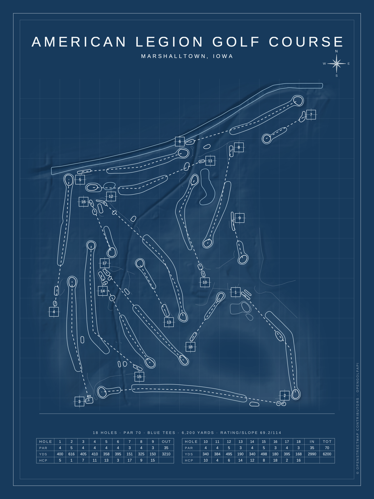 American Legion Golf Course map poster, Blueprint style, 12×16 / 18×24