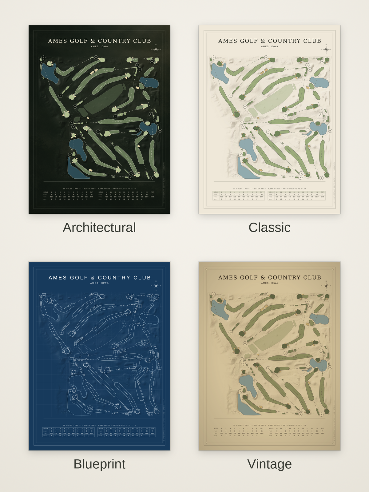 Ames Golf & Country Club course map poster in four styles: Architectural, Classic, Blueprint and Vintage