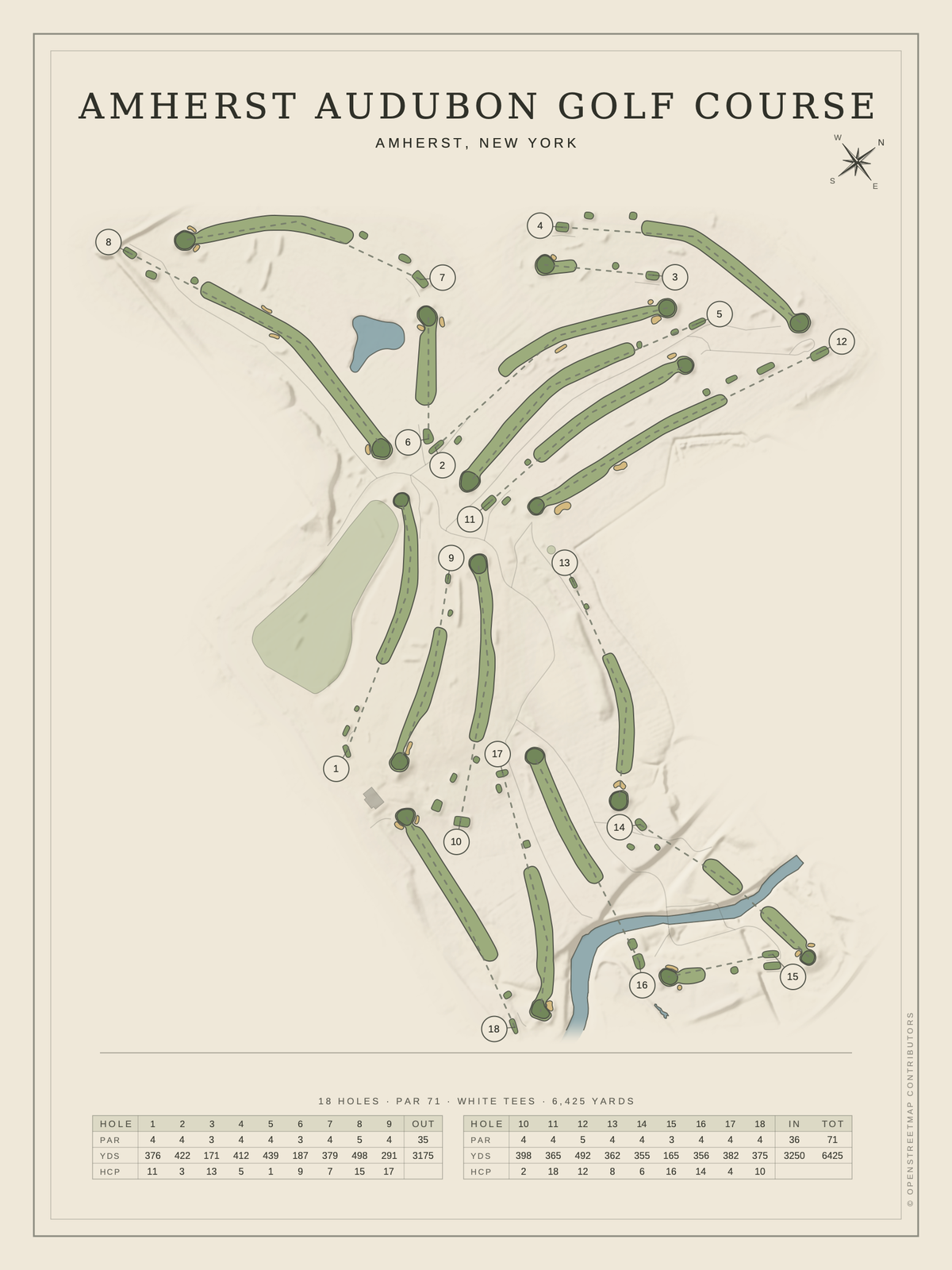 Amherst Audubon Golf Course map poster, Classic style, 12×16 / 18×24