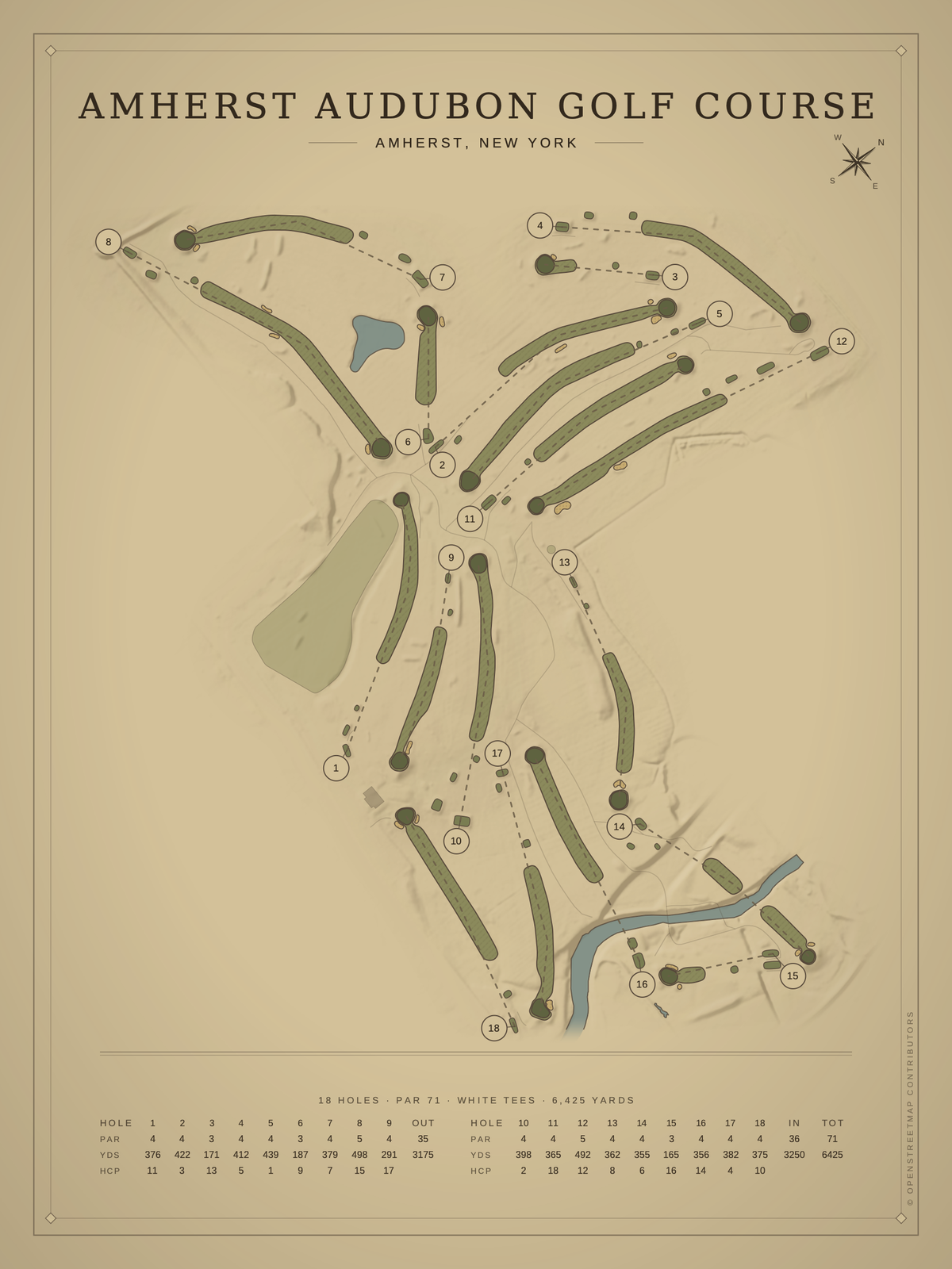 Amherst Audubon Golf Course map poster, Vintage style, 12×16 / 18×24