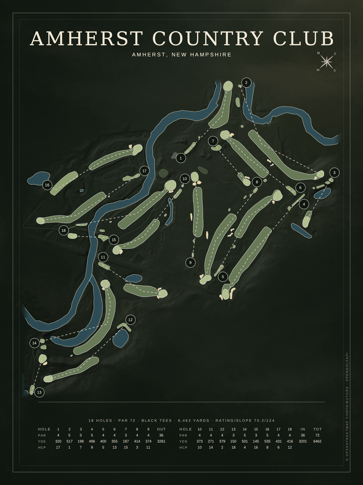 Amherst Country Club course map poster, Architectural style, 12×16 / 18×24