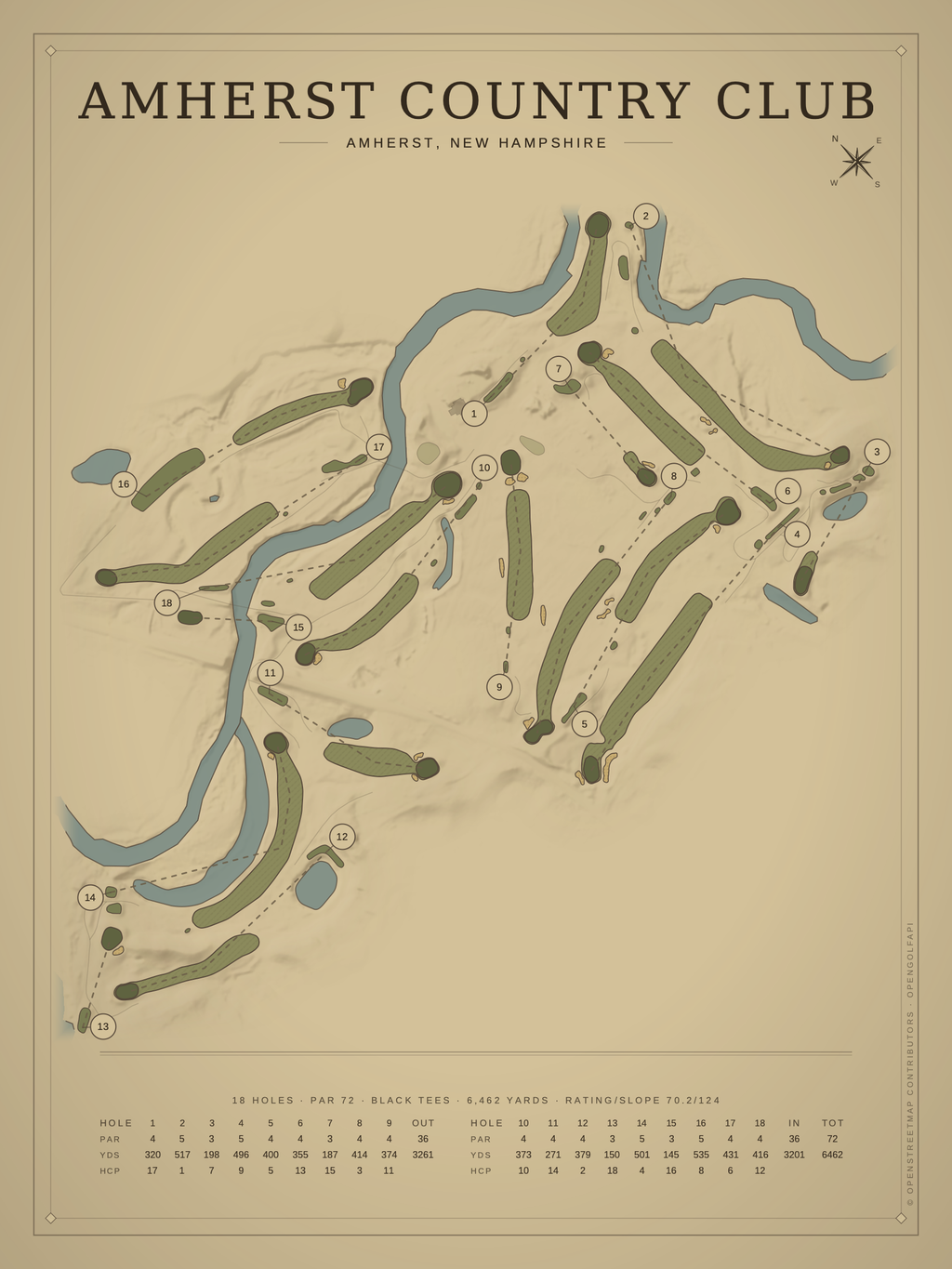 Amherst Country Club course map poster, Vintage style, 12×16 / 18×24