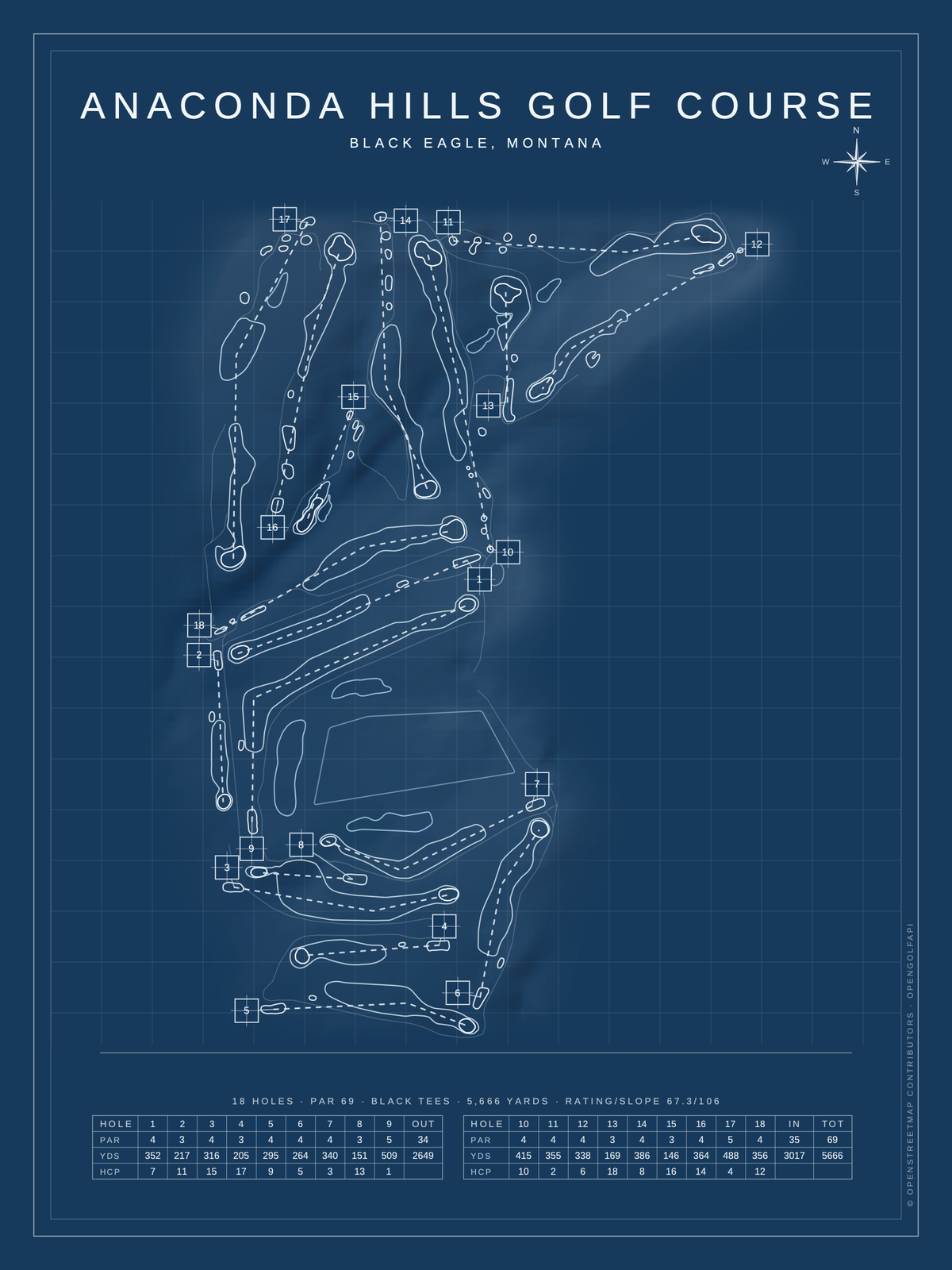 Anaconda Hills Golf Course map poster, Blueprint style, 12×16 / 18×24