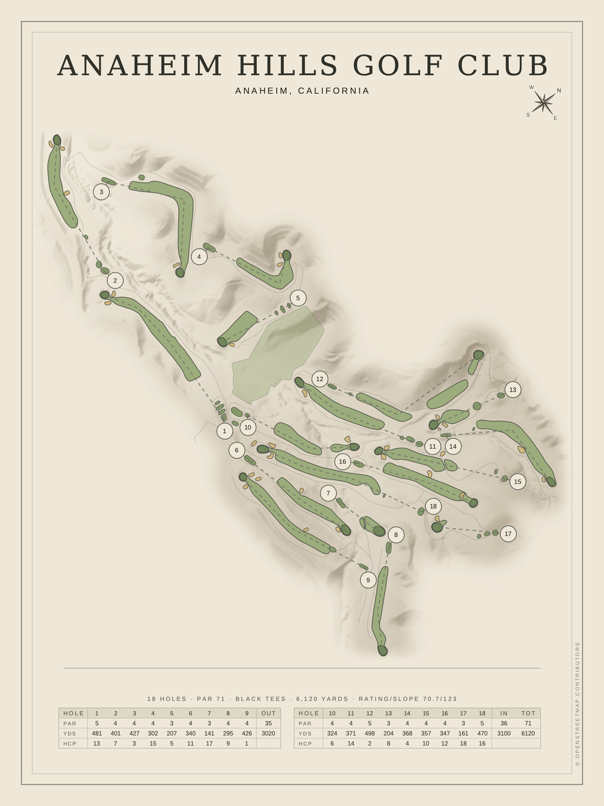 Anaheim Hills Golf Club course map poster, Classic style, 12×16 / 18×24