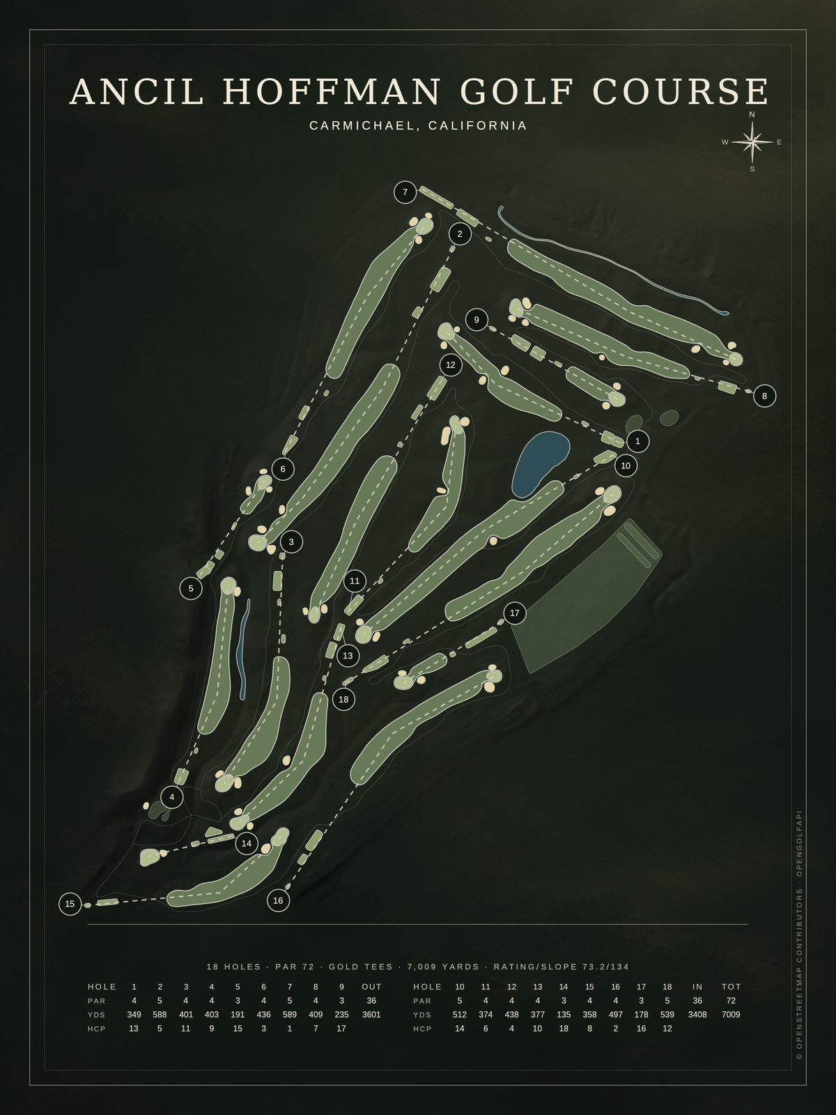 Ancil Hoffman Golf Course map poster, Architectural style, 12×16 / 18×24