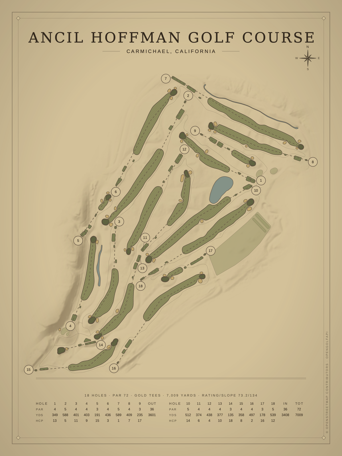 Ancil Hoffman Golf Course map poster, Vintage style, 12×16 / 18×24