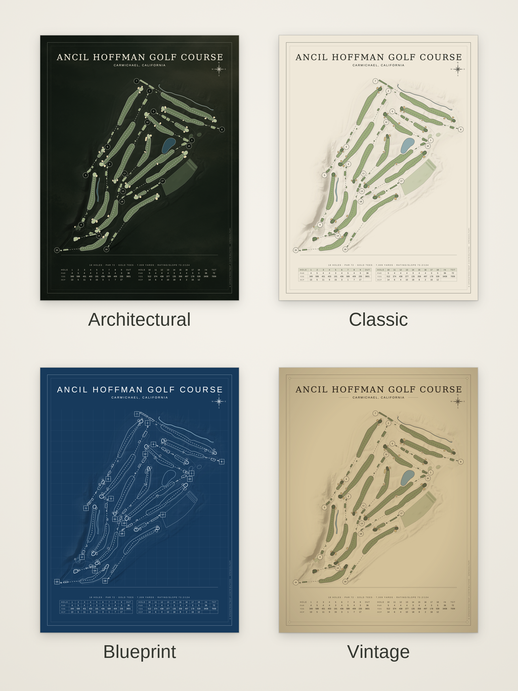 Ancil Hoffman Golf Course map poster in four styles: Architectural, Classic, Blueprint and Vintage
