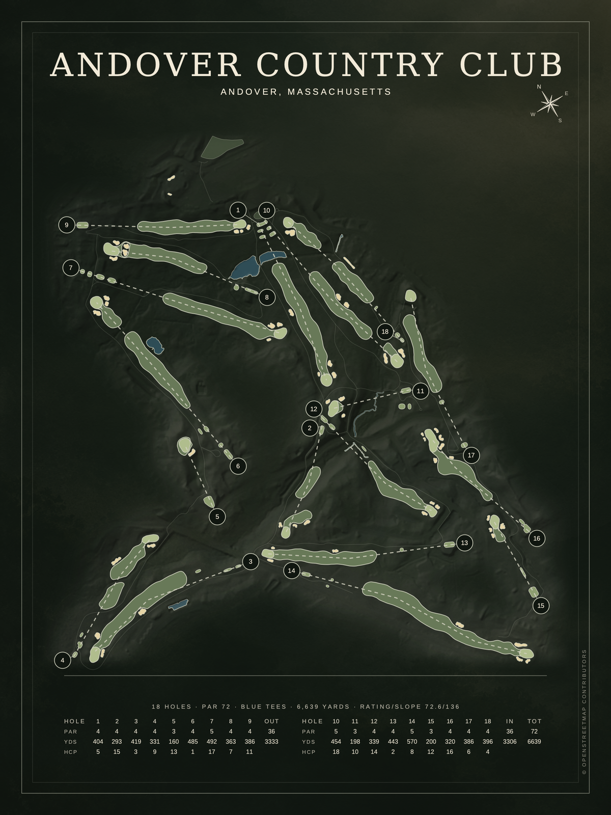Andover Country Club course map poster, Architectural style, 12×16 / 18×24