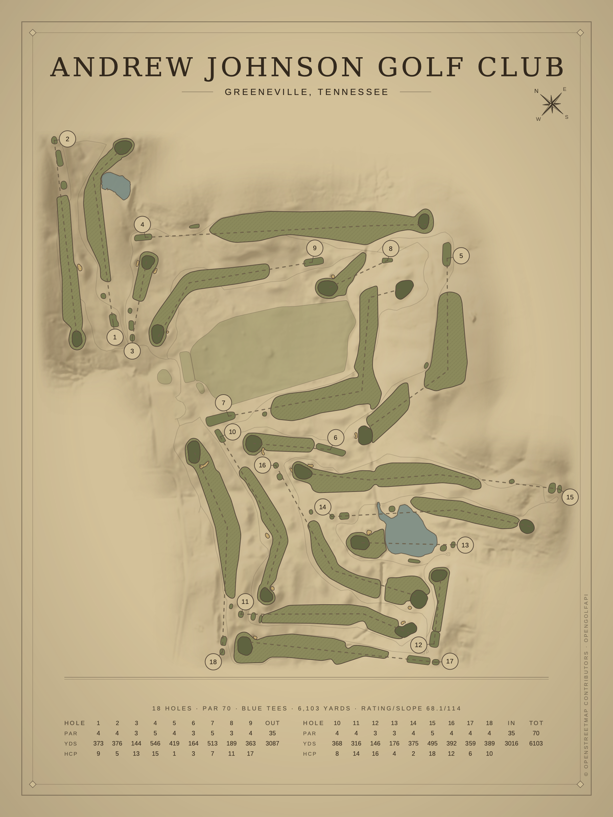 Andrew Johnson Golf Club course map poster, Vintage style, 12×16 / 18×24
