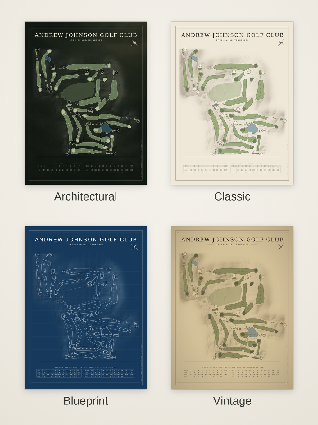 Andrew Johnson Golf Club course map poster in four styles: Architectural, Classic, Blueprint and Vintage