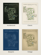 Andrew Johnson Golf Club course map poster in four styles: Architectural, Classic, Blueprint and Vintage