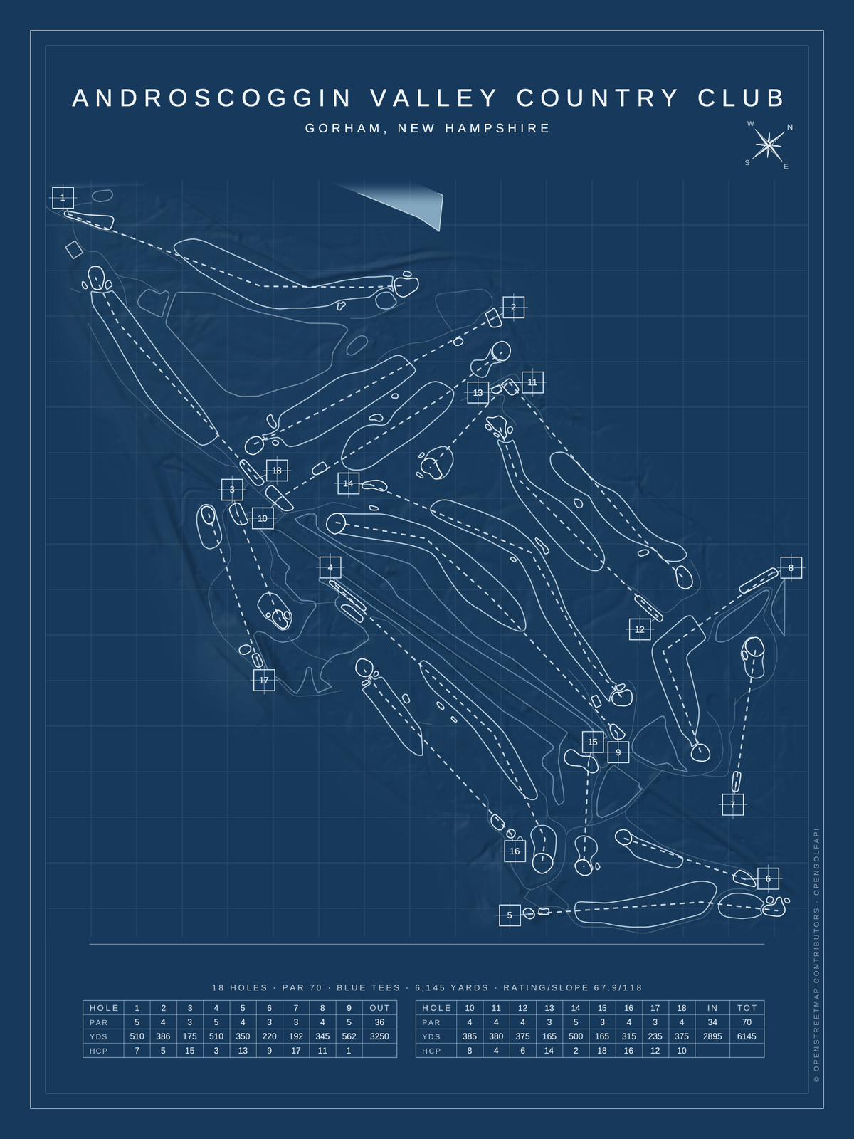 Androscoggin Valley Country Club course map poster, Blueprint style, 12×16 / 18×24