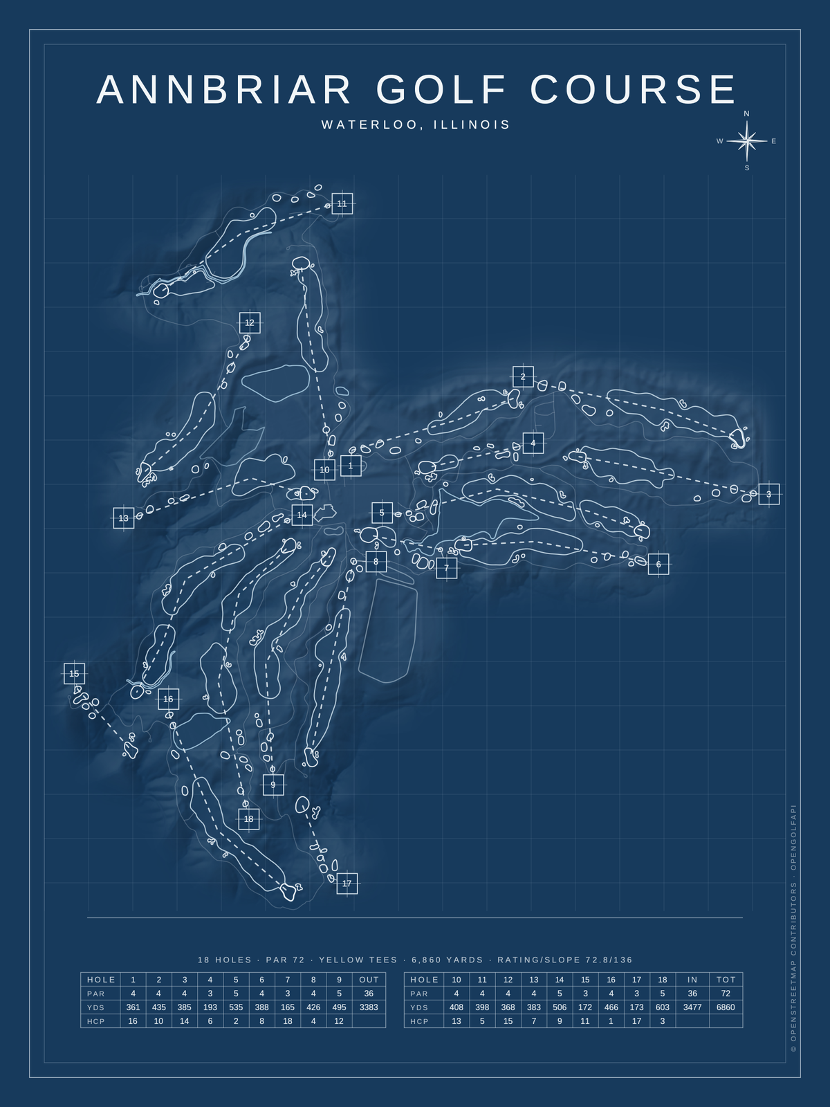 Annbriar Golf Course map poster, Blueprint style, 12×16 / 18×24