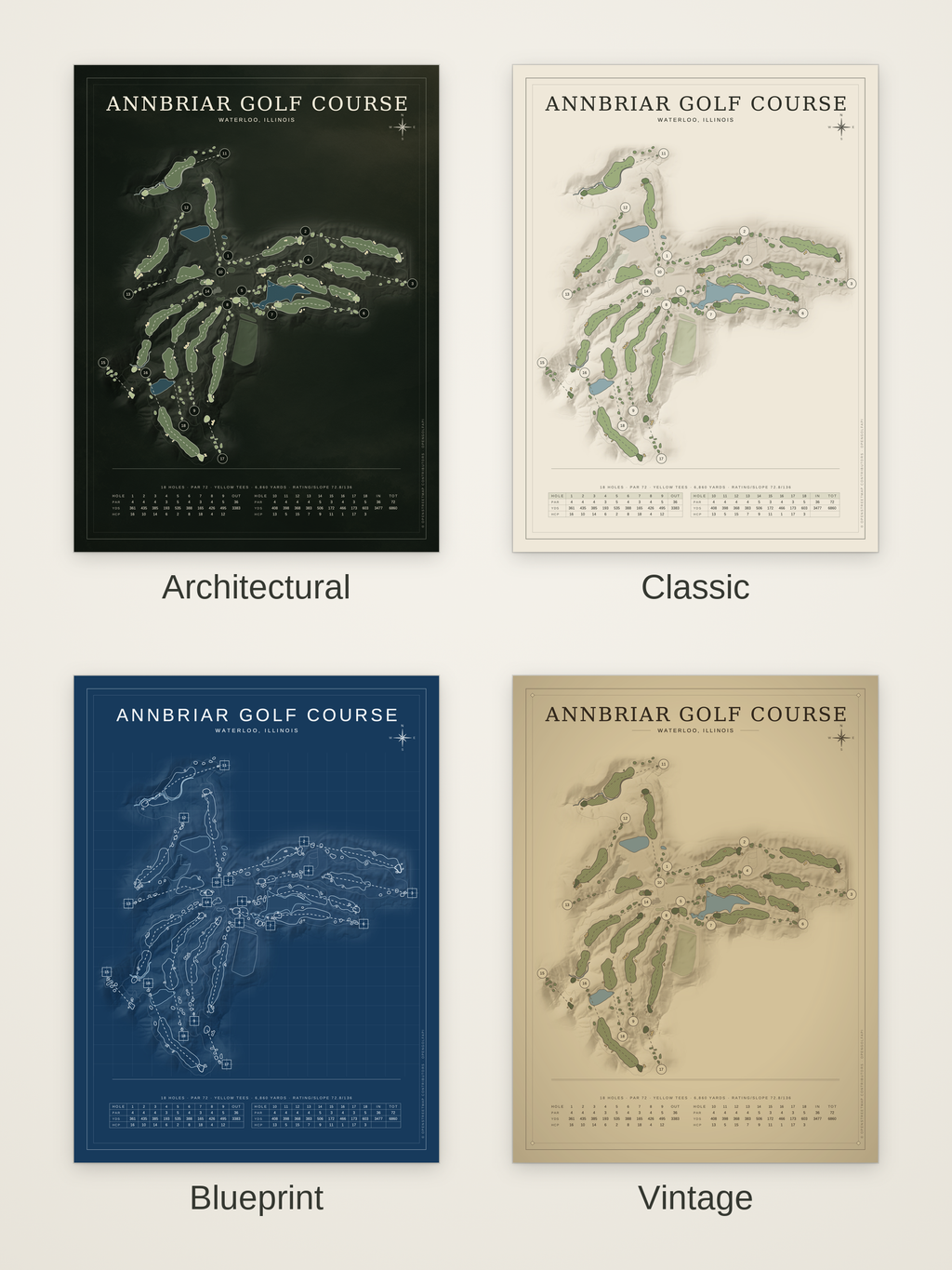 Annbriar Golf Course map poster in four styles: Architectural, Classic, Blueprint and Vintage