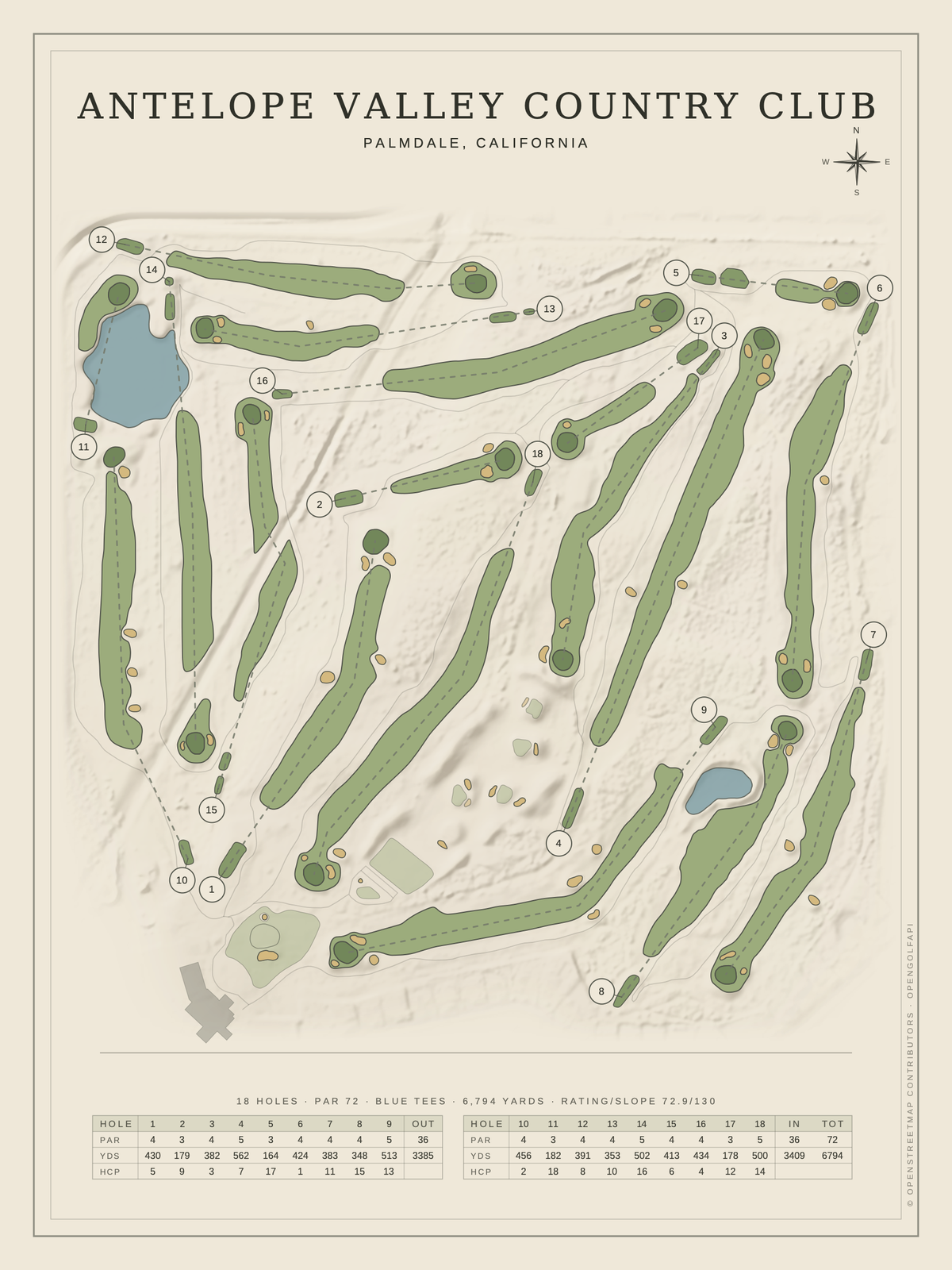 Antelope Valley Country Club course map poster, Classic style, 12×16 / 18×24