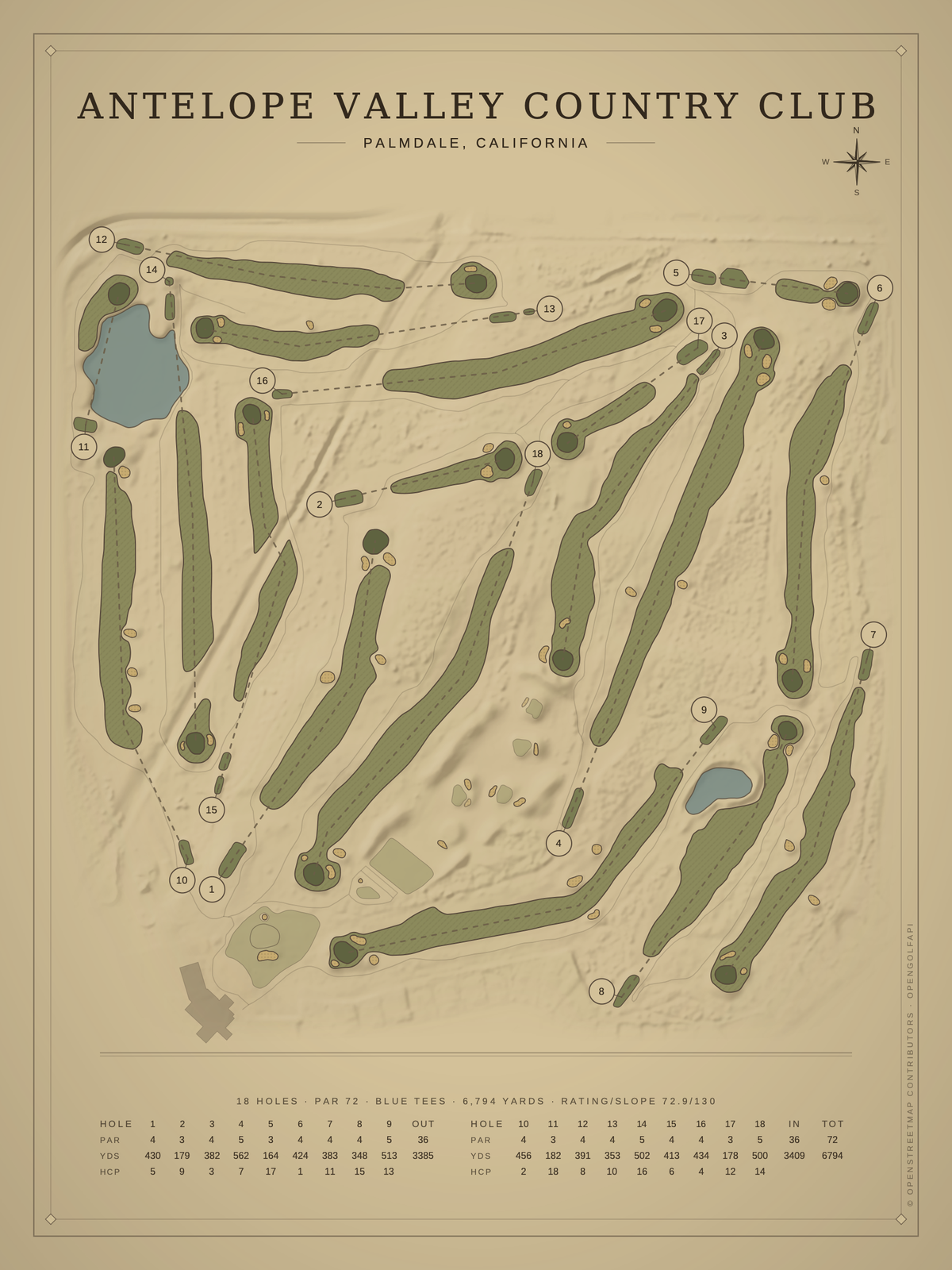 Antelope Valley Country Club course map poster, Vintage style, 12×16 / 18×24