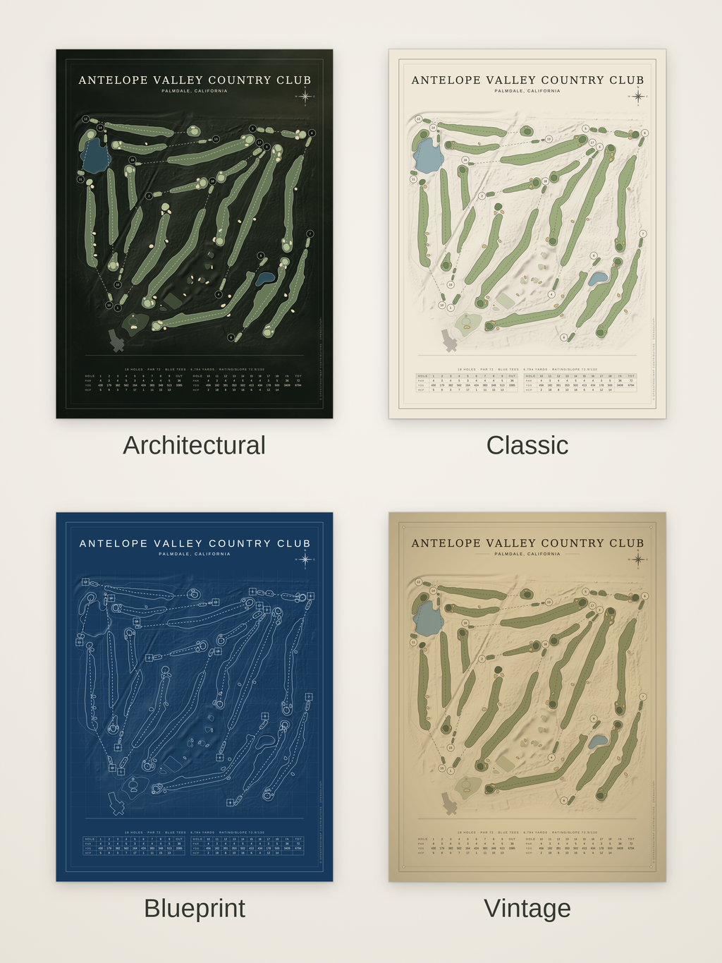 Antelope Valley Country Club course map poster in four styles: Architectural, Classic, Blueprint and Vintage