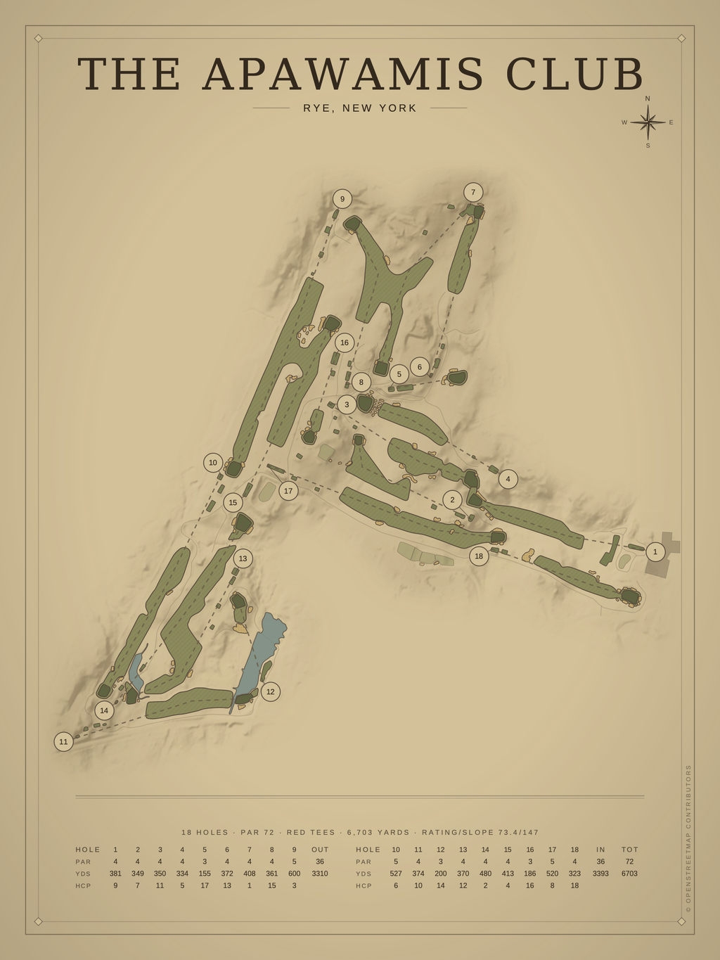 The Apawamis Club course map poster, Vintage style, 12×16 / 18×24