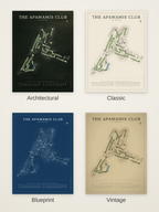The Apawamis Club course map poster in four styles: Architectural, Classic, Blueprint and Vintage