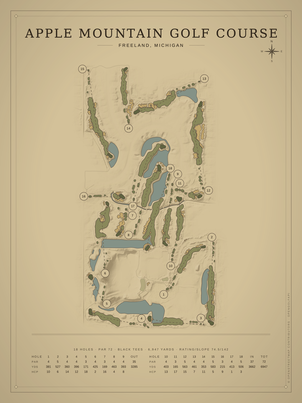 Apple Mountain Golf Course map poster, Vintage style, 12×16 / 18×24