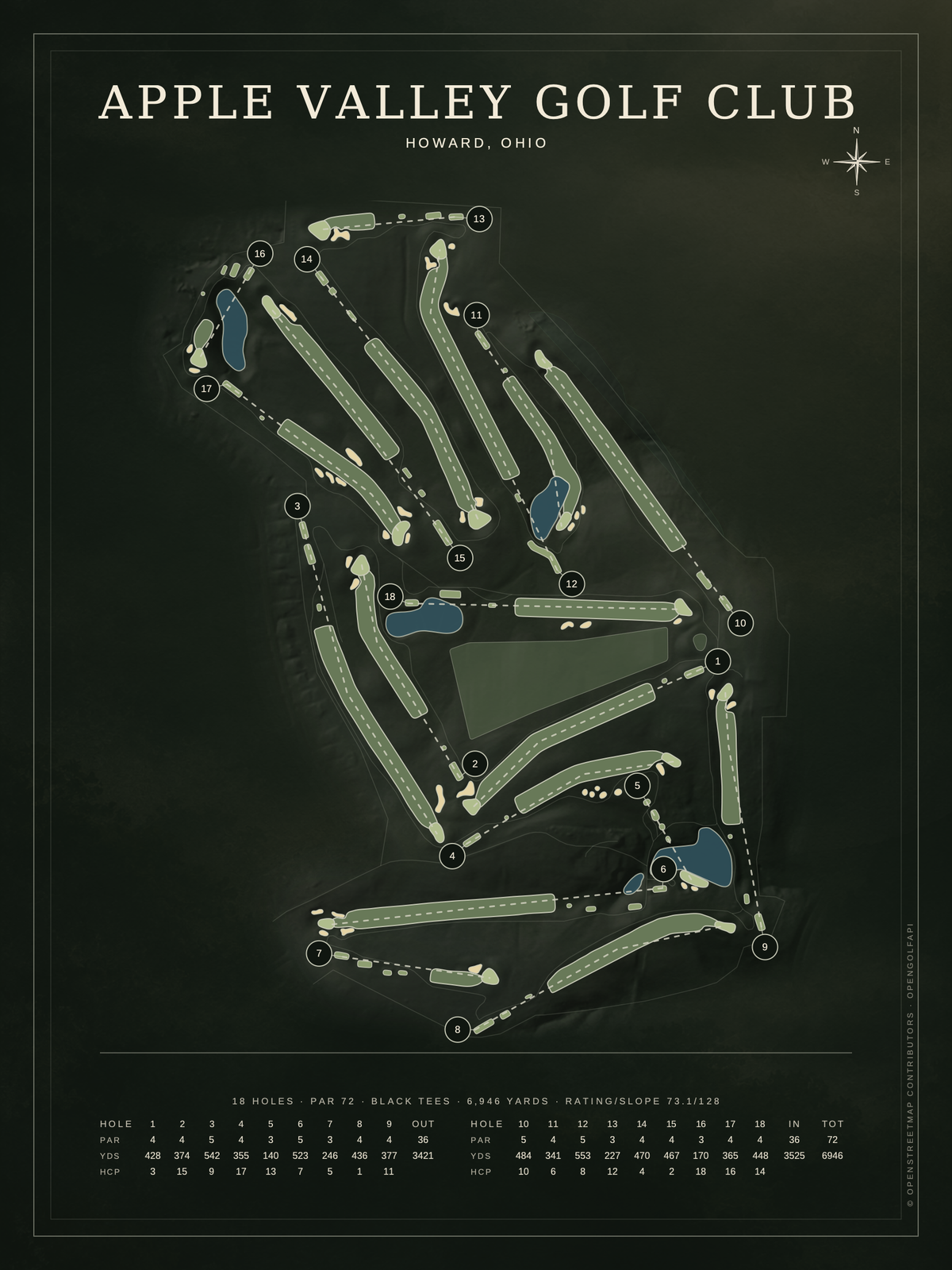 Apple Valley Golf Club course map poster, Architectural style, 12×16 / 18×24