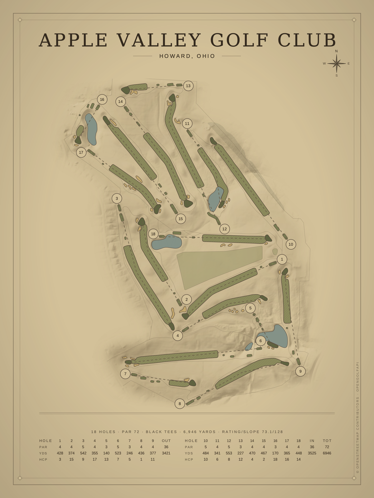 Apple Valley Golf Club course map poster, Vintage style, 12×16 / 18×24