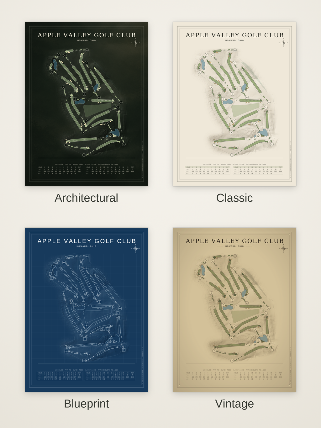 Apple Valley Golf Club course map poster in four styles: Architectural, Classic, Blueprint and Vintage