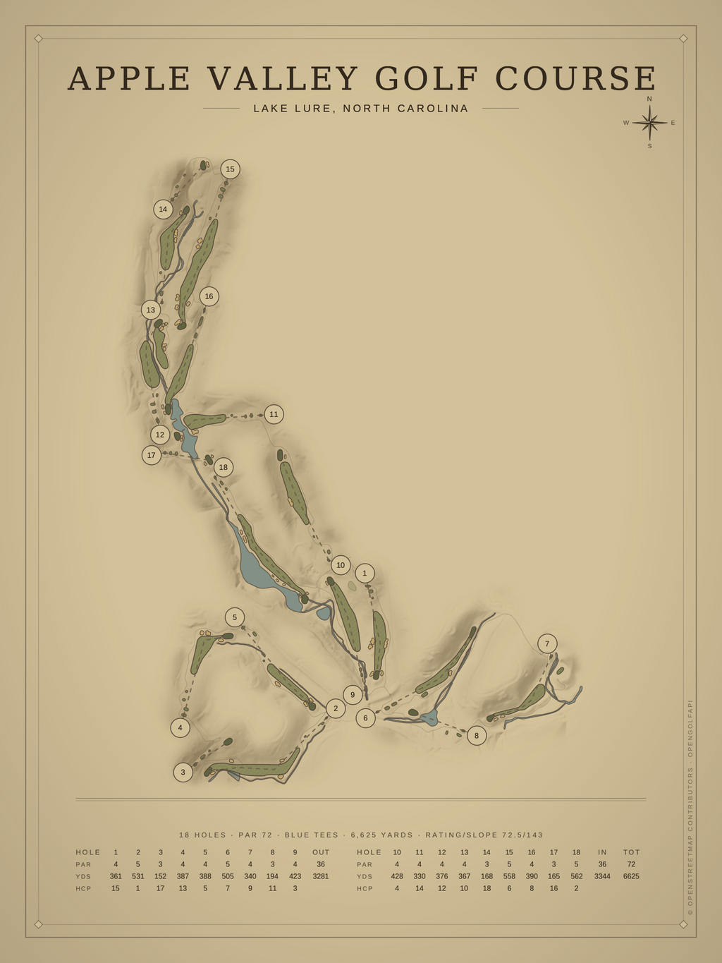 Apple Valley Golf Course map poster, Vintage style, 12×16 / 18×24