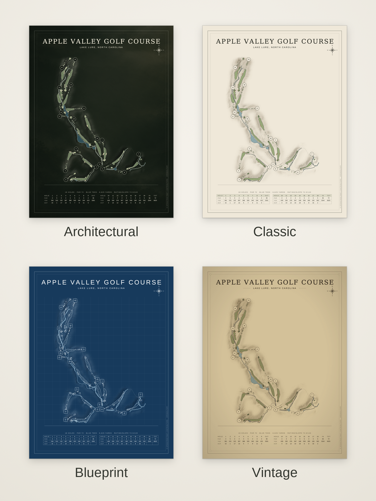 Apple Valley Golf Course map poster in four styles: Architectural, Classic, Blueprint and Vintage