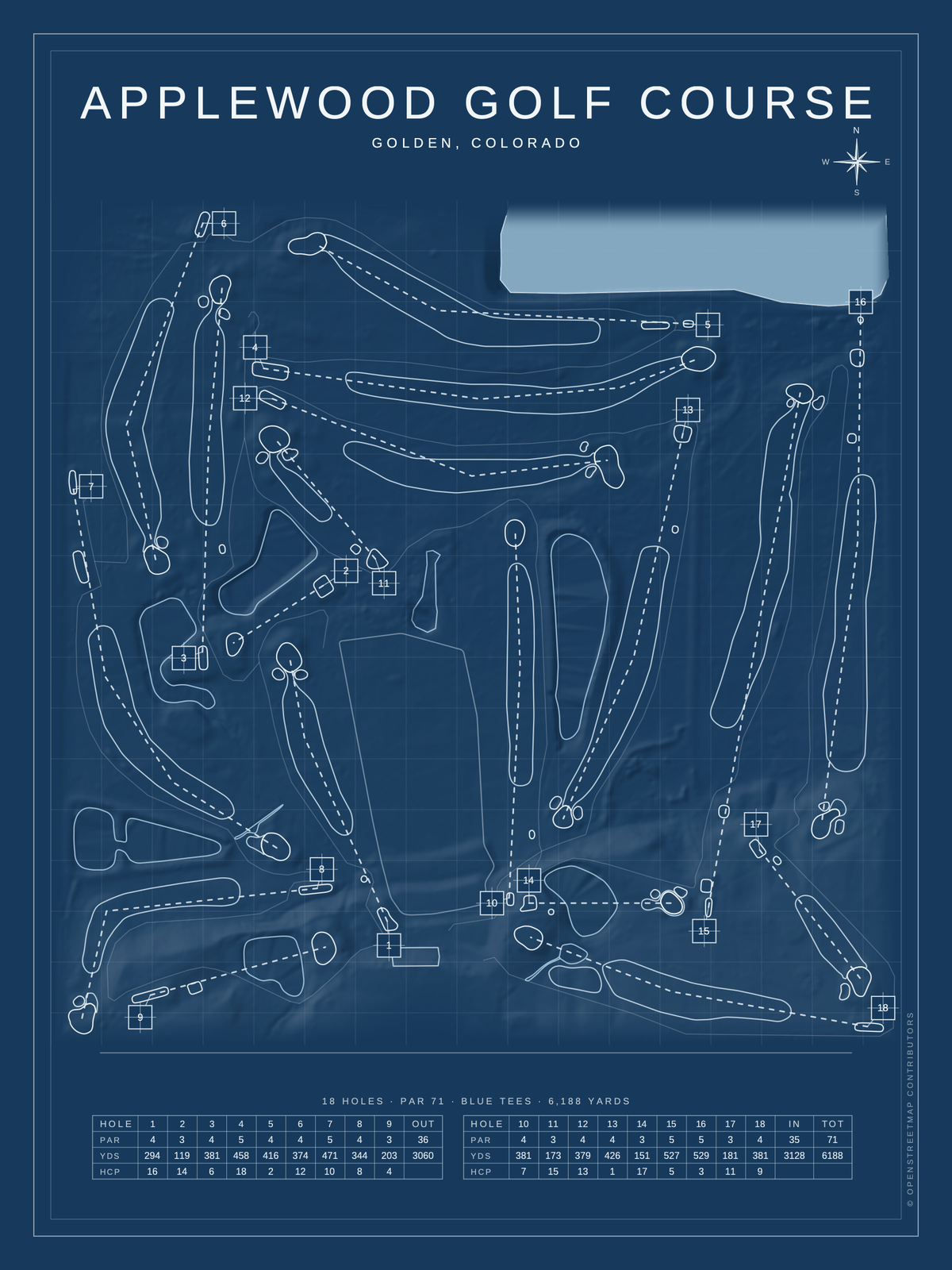 Applewood Golf Course map poster, Blueprint style, 12×16 / 18×24