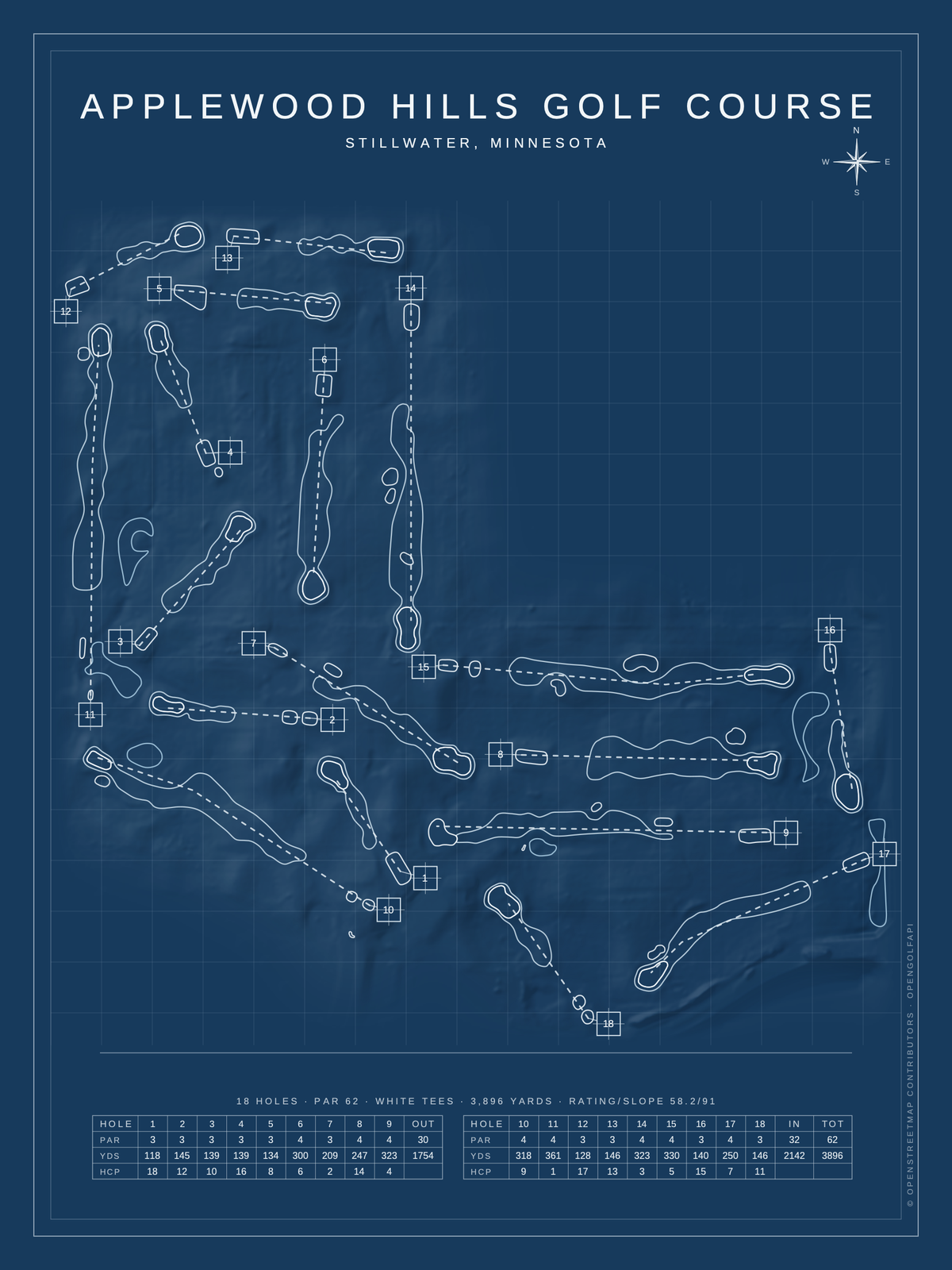 Applewood Hills Golf Course map poster, Blueprint style, 12×16 / 18×24