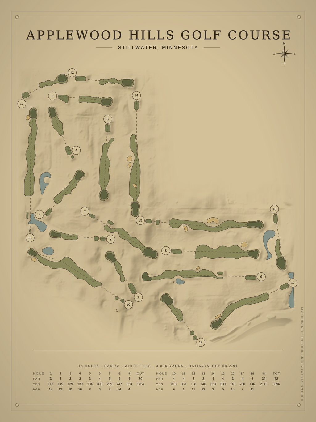 Applewood Hills Golf Course map poster, Vintage style, 12×16 / 18×24