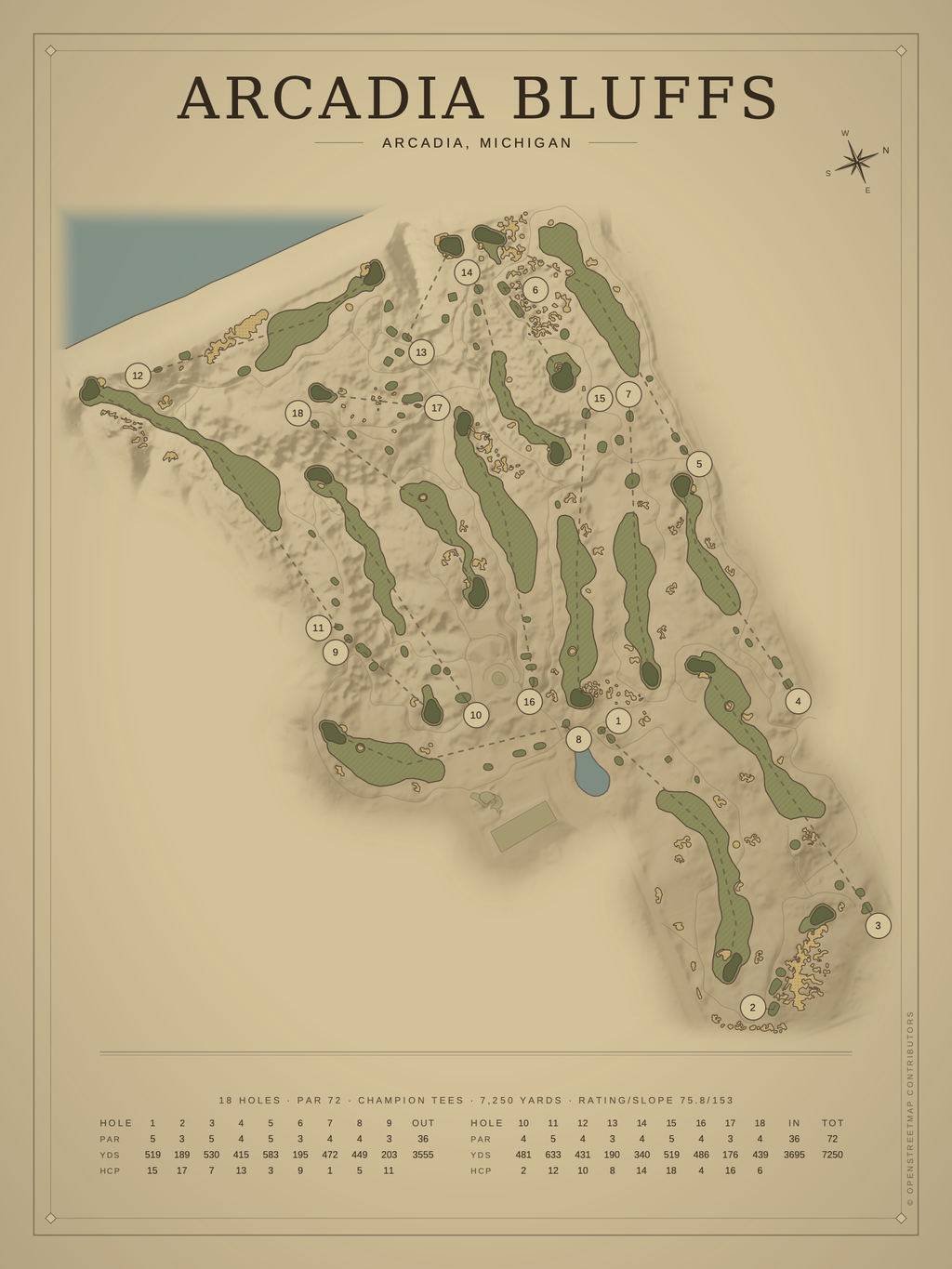 Arcadia Bluffs course map poster, Vintage style, 12×16 / 18×24