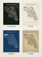 Arcadia Bluffs course map poster in four styles: Architectural, Classic, Blueprint and Vintage