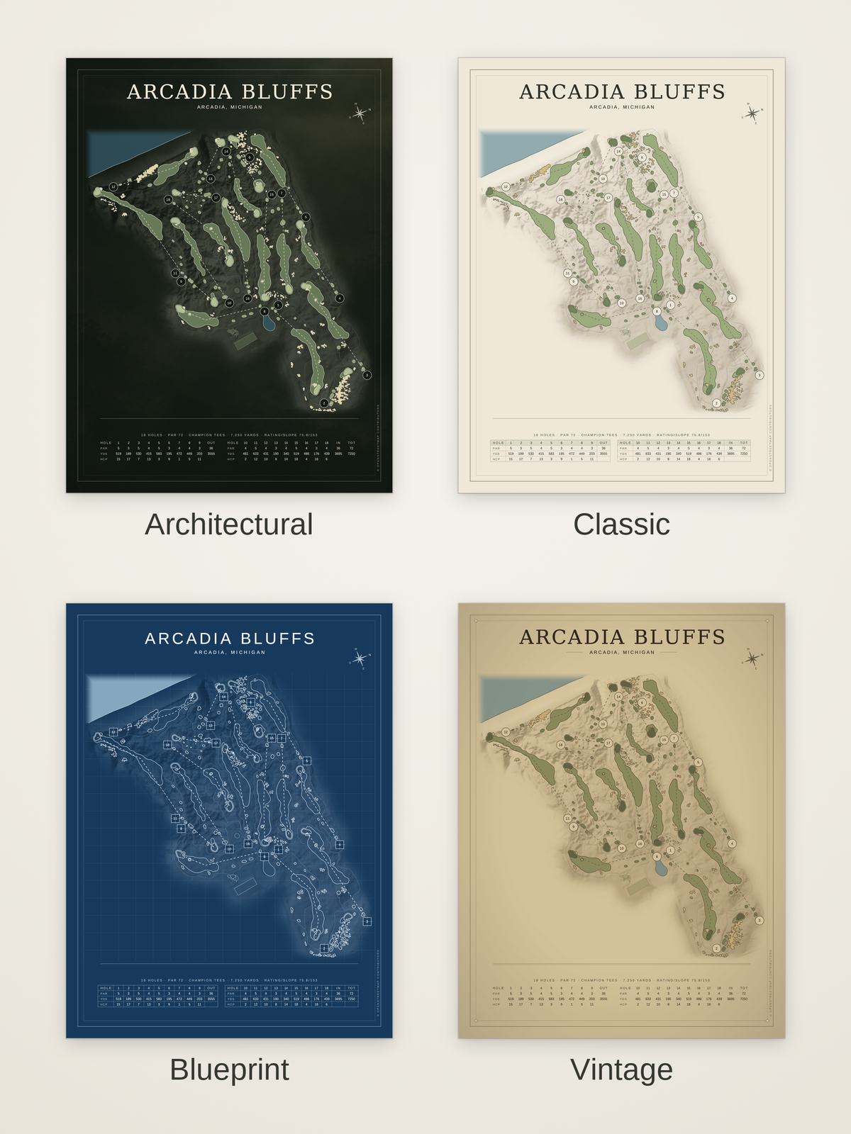 Arcadia Bluffs course map poster in four styles: Architectural, Classic, Blueprint and Vintage