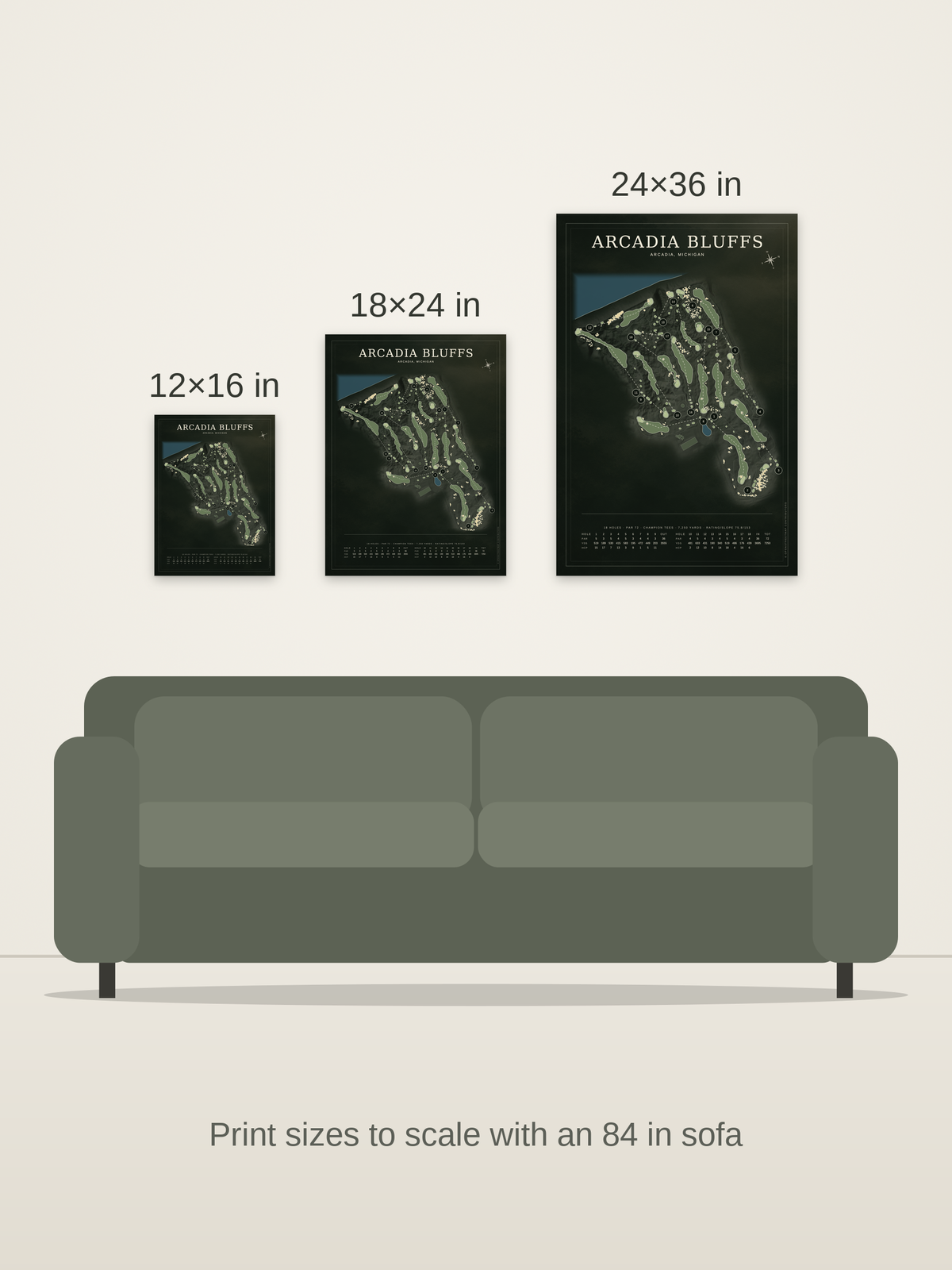 Arcadia Bluffs course map poster in the Architectural style at 12×16, 18×24 and 24×36 inches, shown to scale on a wall above an 84-inch sofa