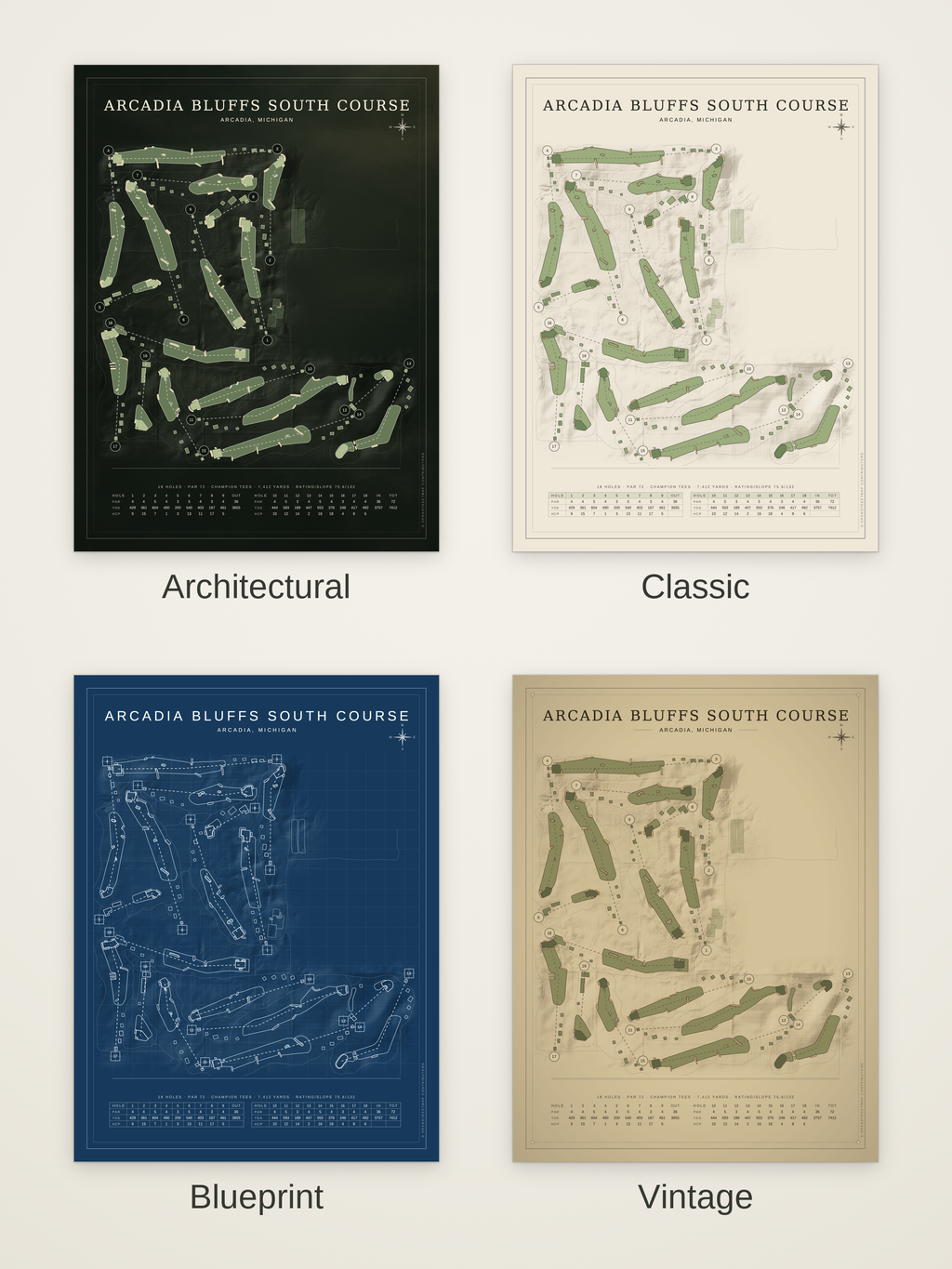 Arcadia Bluffs South Course map poster in four styles: Architectural, Classic, Blueprint and Vintage